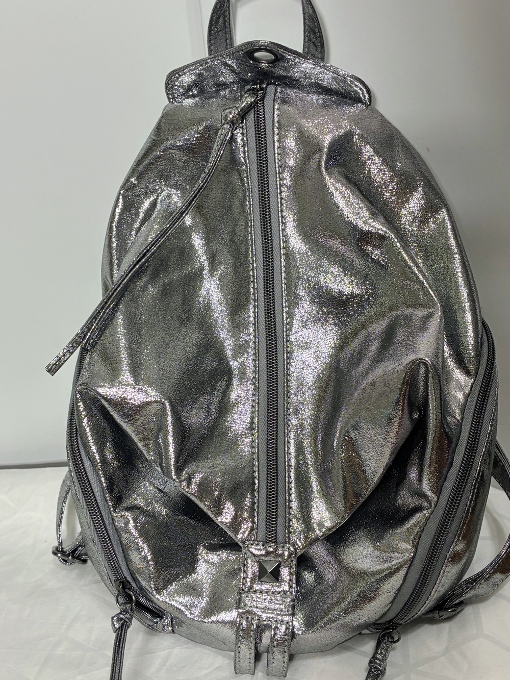 Shimmer Metallic Silver Women’s Backpack - Sleek Everyday Carry vertical pockets